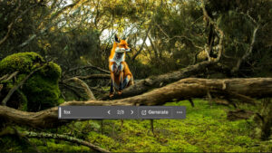 An image in Adobe Photoshop with Generative Fill feature used to insert fox in wooded landscape. 